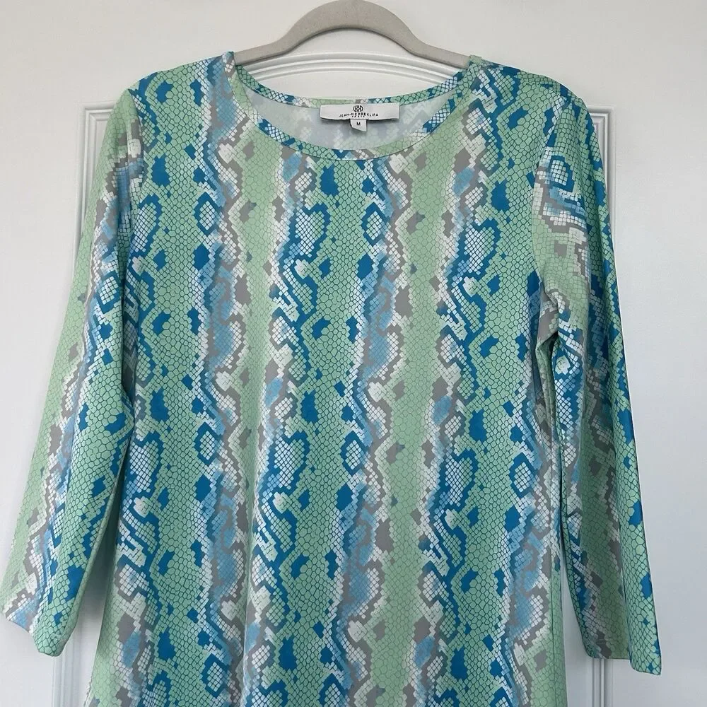 Jean-Pierre Klifa Daphne Dress Size M Aqua Snake 3/4 Sleeve Shift Knee Length